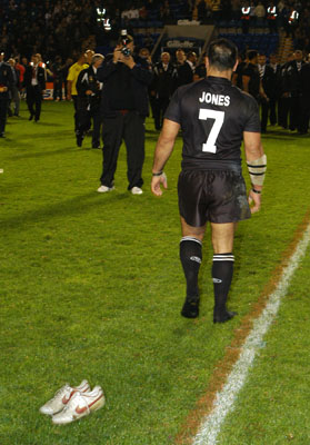 Stacey Jones finishes his last match and leaves his boots on the pitch following the Northern Union v. All Golds Gillette Fusion Centenary Match at Warrington on 20th October 2007.